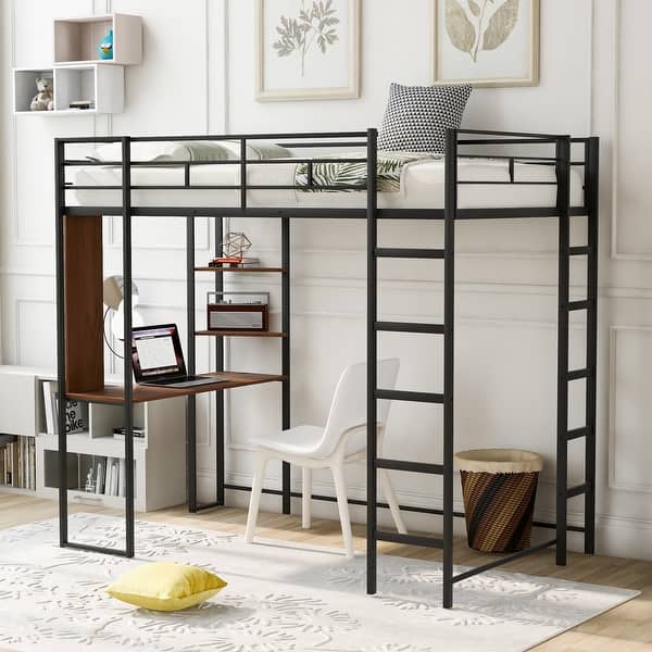 slide 2 of 20, Black Twin Size Metal Loft Bed with Ladder, Fence, 2 Shelves and Desk for Bedroom Black