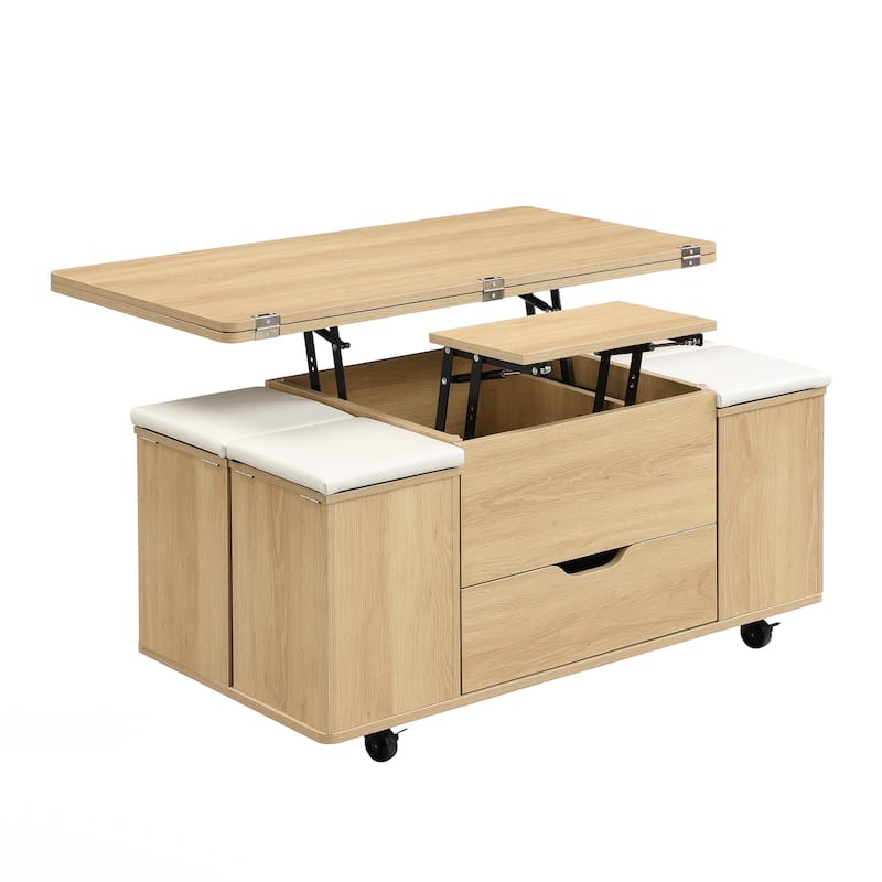 Lift-Top Coffee Table with Hidden Storage and Stools,Multi-Function Modern Center Table with 4 Stools and Casters