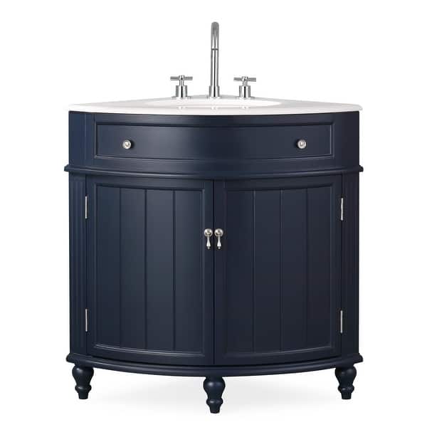 slide 2 of 17, 24-Inch Benton Collection Corner Bathroom Vanity with Single Shelf Cabinet, White Quartz Countertop, and Ceramic Sink Blue/Black