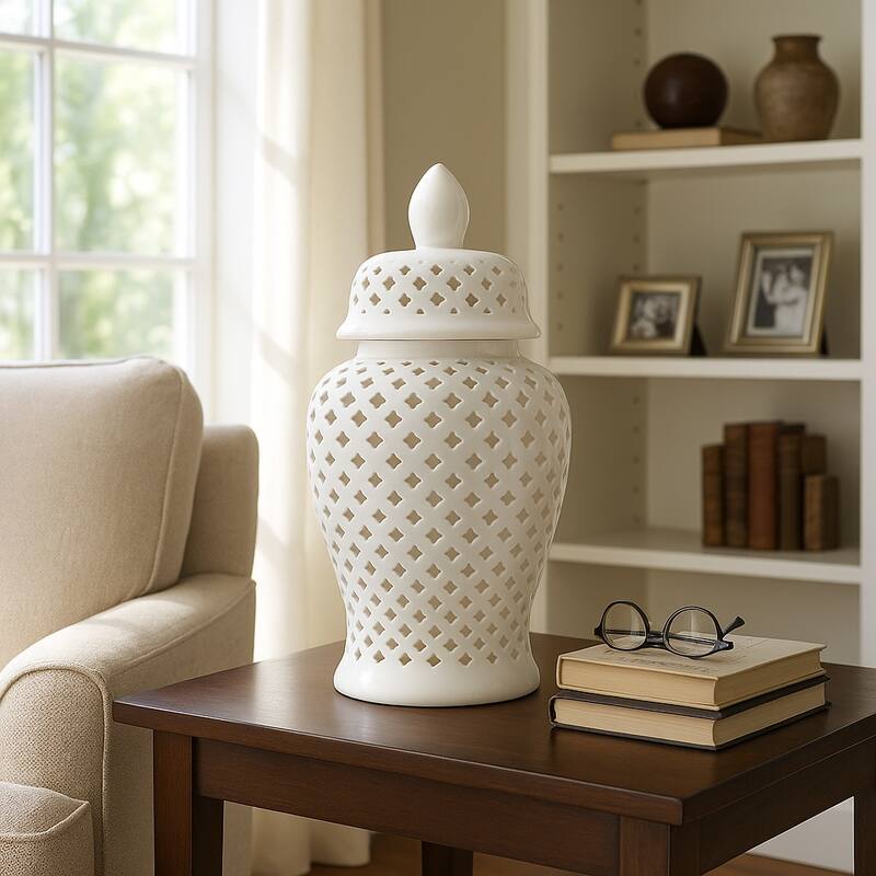 Modern Decorative Jar with Glossy Ceramic and Pierced Cutout Desig