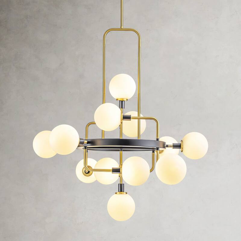 12-Light Modern Glam Geometric Frosted Opal Glass Globe Large Chandelier - 30.71 in. W x 34.25 in. W