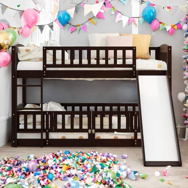 slide 2 of 42, Twin Over Twin Low Bunk Bed with Slide, with Fence and Ladder for Toddler Kids Teens Espresso