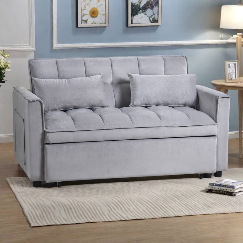 52.75" Velvet Convertible Sleeper Sofa with 3-Position Backrest and Pull-Out Bed - Cement Grey