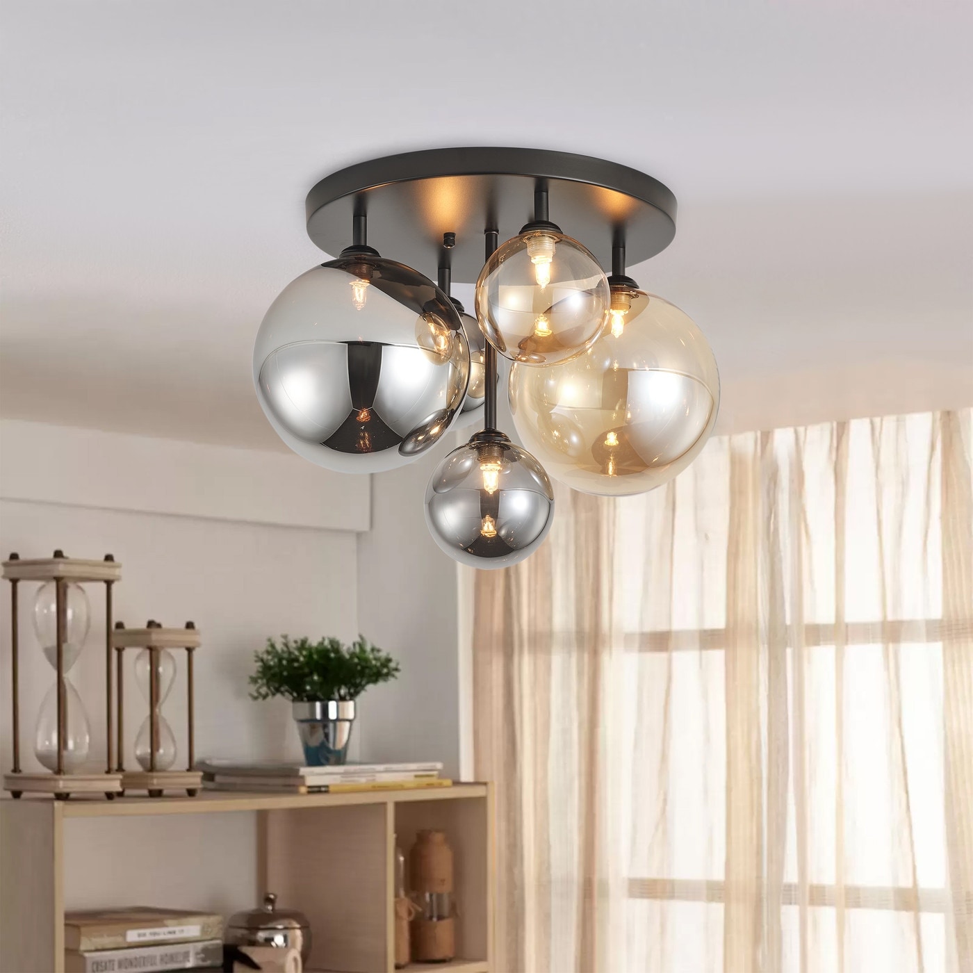 Modern Grey and Brown 5 Light Semi Flush Mount Ceiling Light with Globe Glass Lampshade