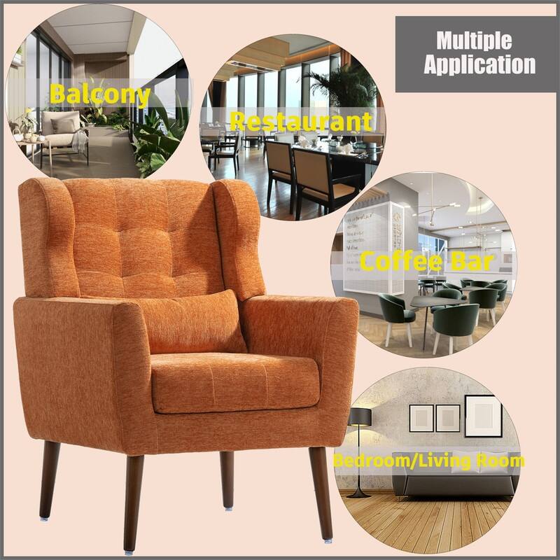 Modern Chenille Upholstered Armchair with Pillow and Solid Wood Leg