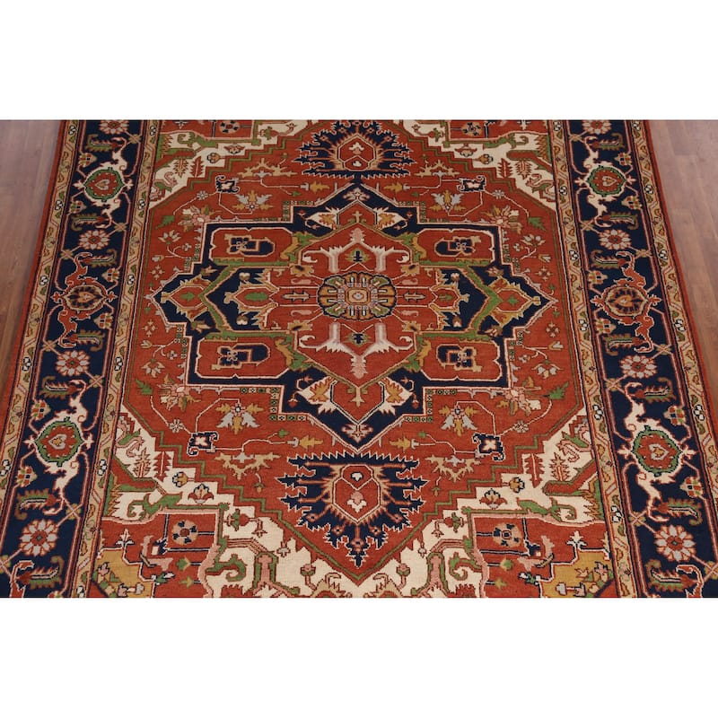 Medallion Heriz Serapi Indian Area Rug Hand-Knotted Wool Carpet - 9'0" x 12'1"