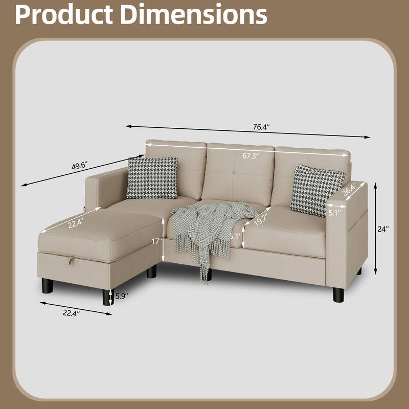Futzca Linen Upholstered L-shaped Sectional Sofa w/ Reversible Chaise
