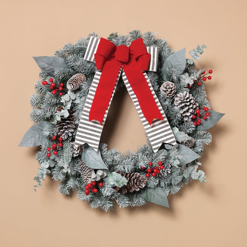 Snowy Pine Christmas Wreath with Red Berries and Pinecones with a Bow - Multi