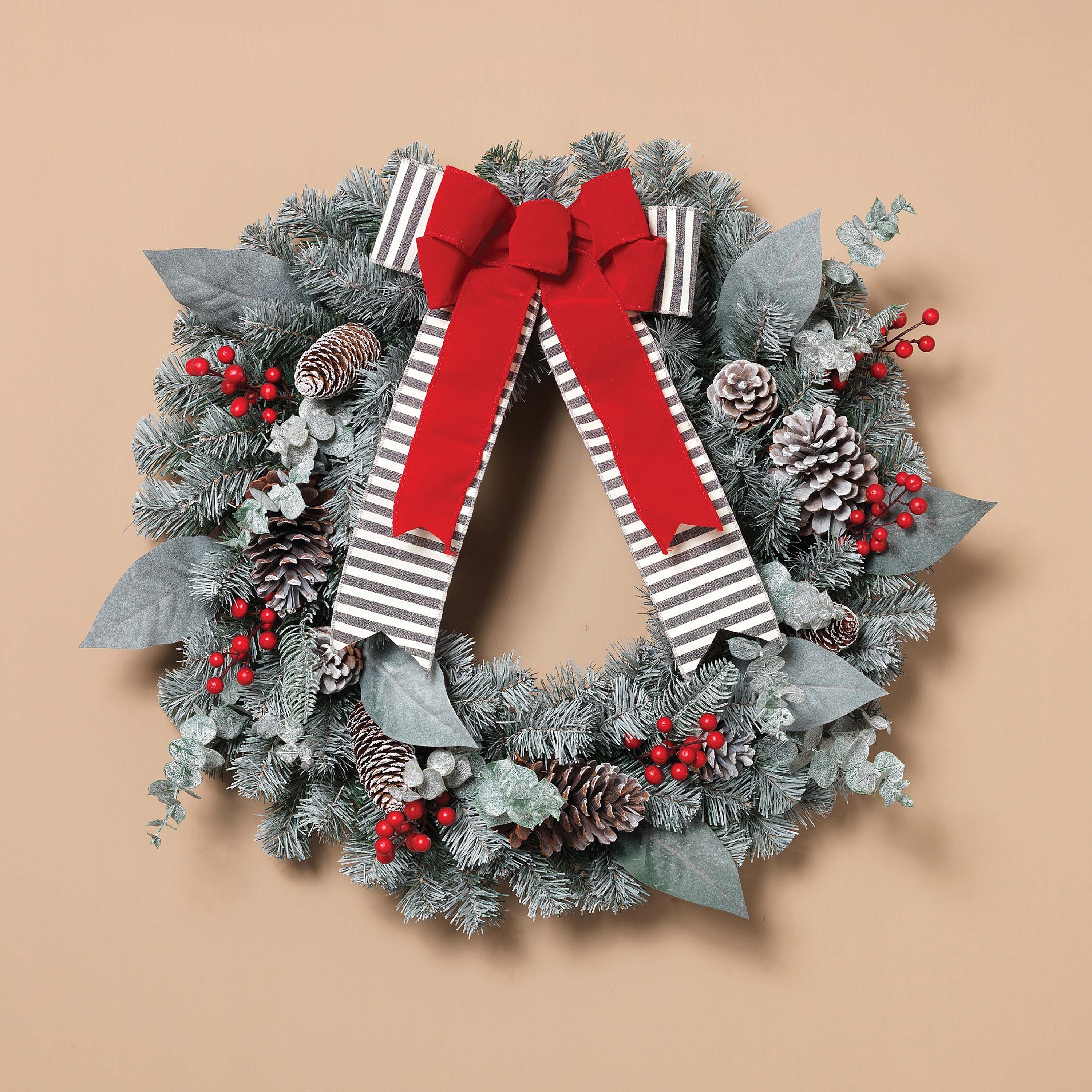 Snowy Pine Christmas Wreath with Red Berries and Pinecones with a Bow - Multi