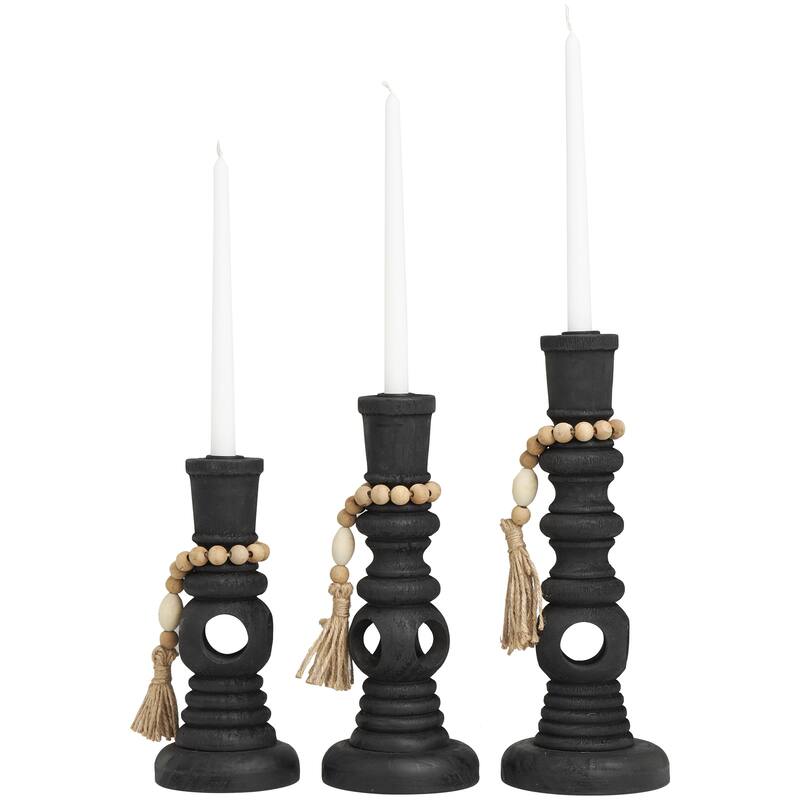 Wood Handmade Textured Matte Decorative Candle Holder with Beaded Garland Accent - Set of 3 Black - Roche River Decor - Black