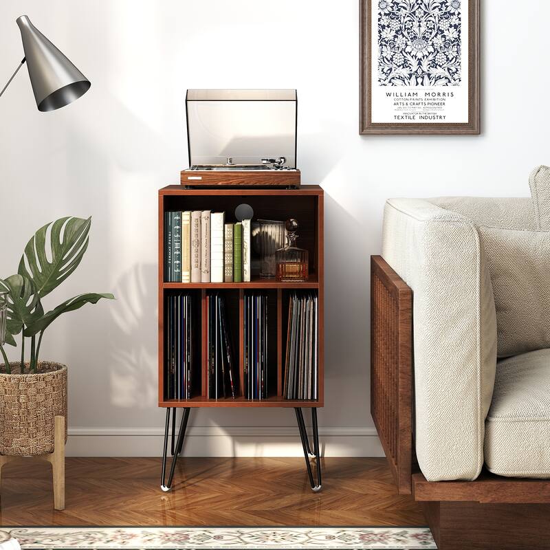 Rustic Walnut Record Player Stand with Vinyl Storage Cabinet and Charging Station Turntable Table Holds Up to 150 Albums