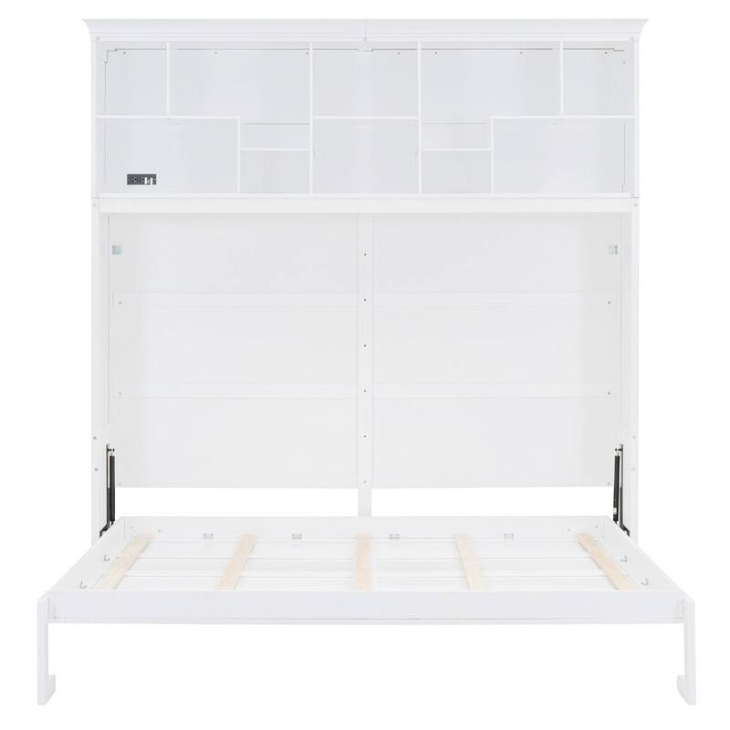 Queen Size Murphy Bed Wall Bed with Top Storage Shelves, Luxurious Foldable Storage Bed Frame with Charging Station