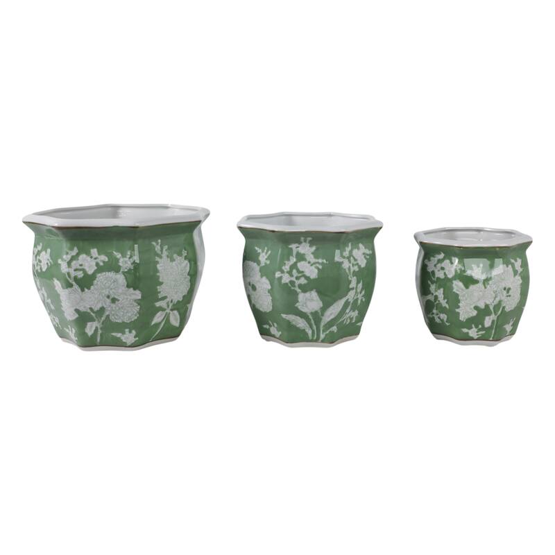 Ceramic Planters Floral Pattern Home Use (Set of 3) - 9", 8", 7" Green - 12" x 12" x 9"