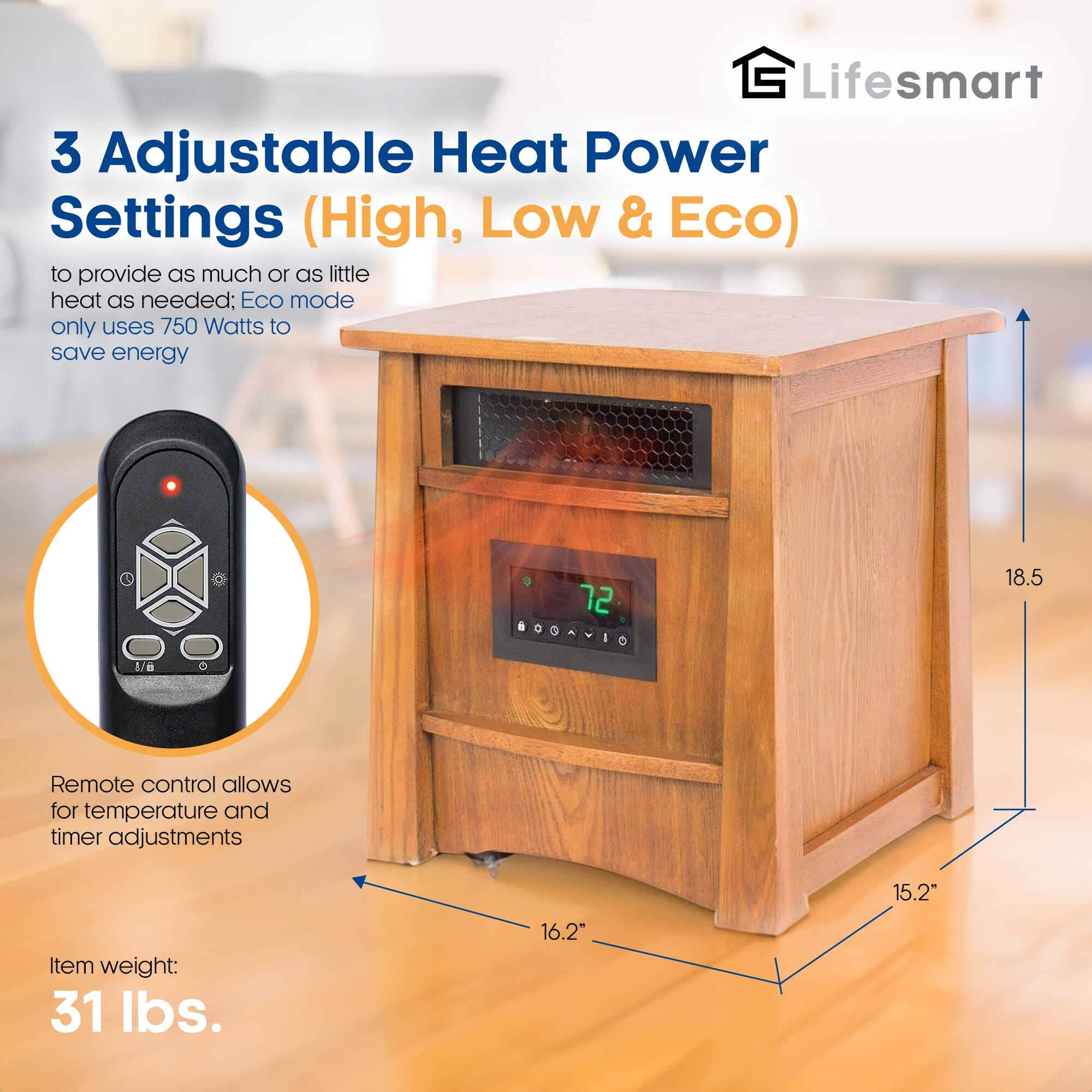 Lifesmart 4-Pack 1500W Quartz Infrared Electric Space Heaters - 3 Element Room Heater With Thermostat