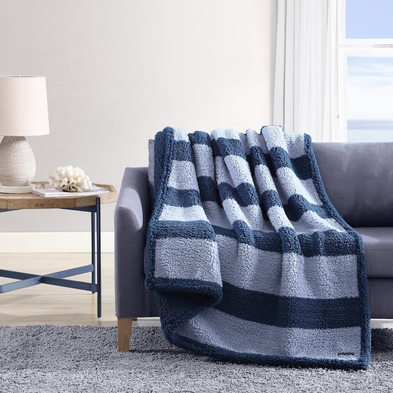 Nautica Lawndale Ultra Soft Plush Sherpa Striped Throw Blanket