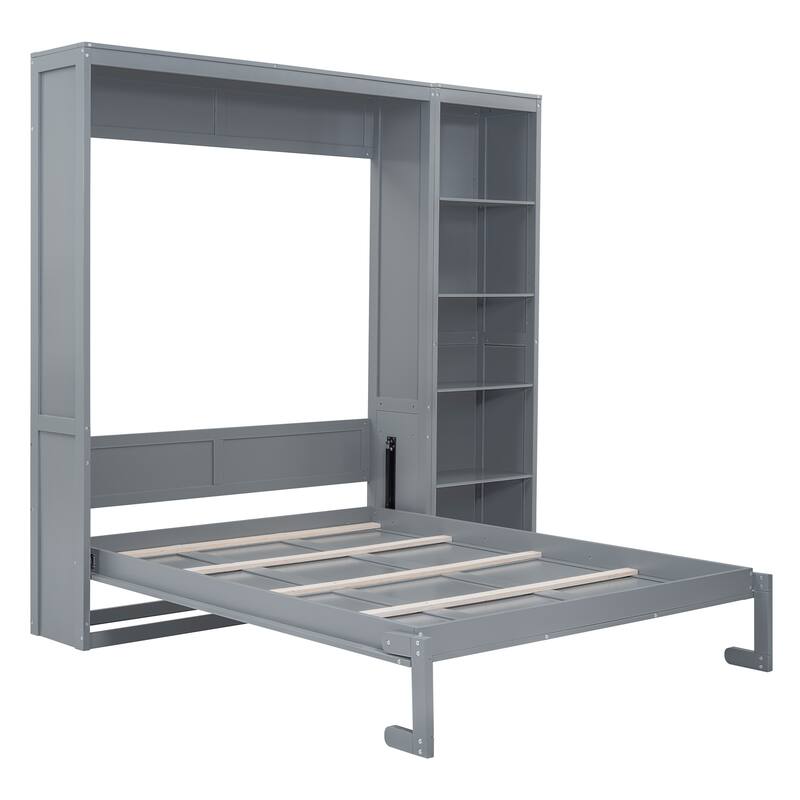 Space Saving Murphy Bed Wall Bed with 5 Layer Storage Shelves, Wood Foldable Platform Bed Frame, No Box Spring Needed