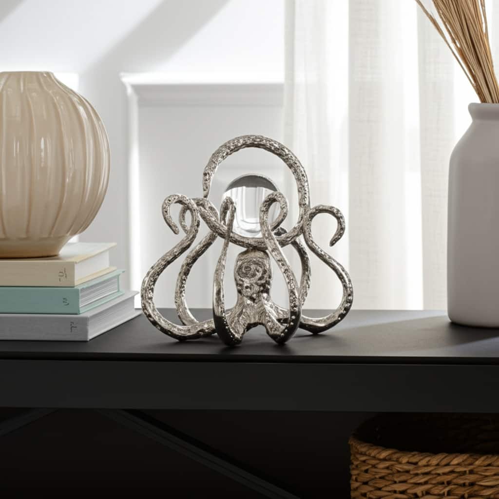 Metal Glass Figurine Octopus Design Metallic Coastal Style - 7" Silver - 7.75" x 7" x 7"