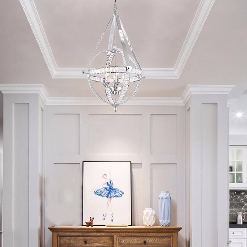 6-Light Chrome Metal Chandelier With Clear Crystals