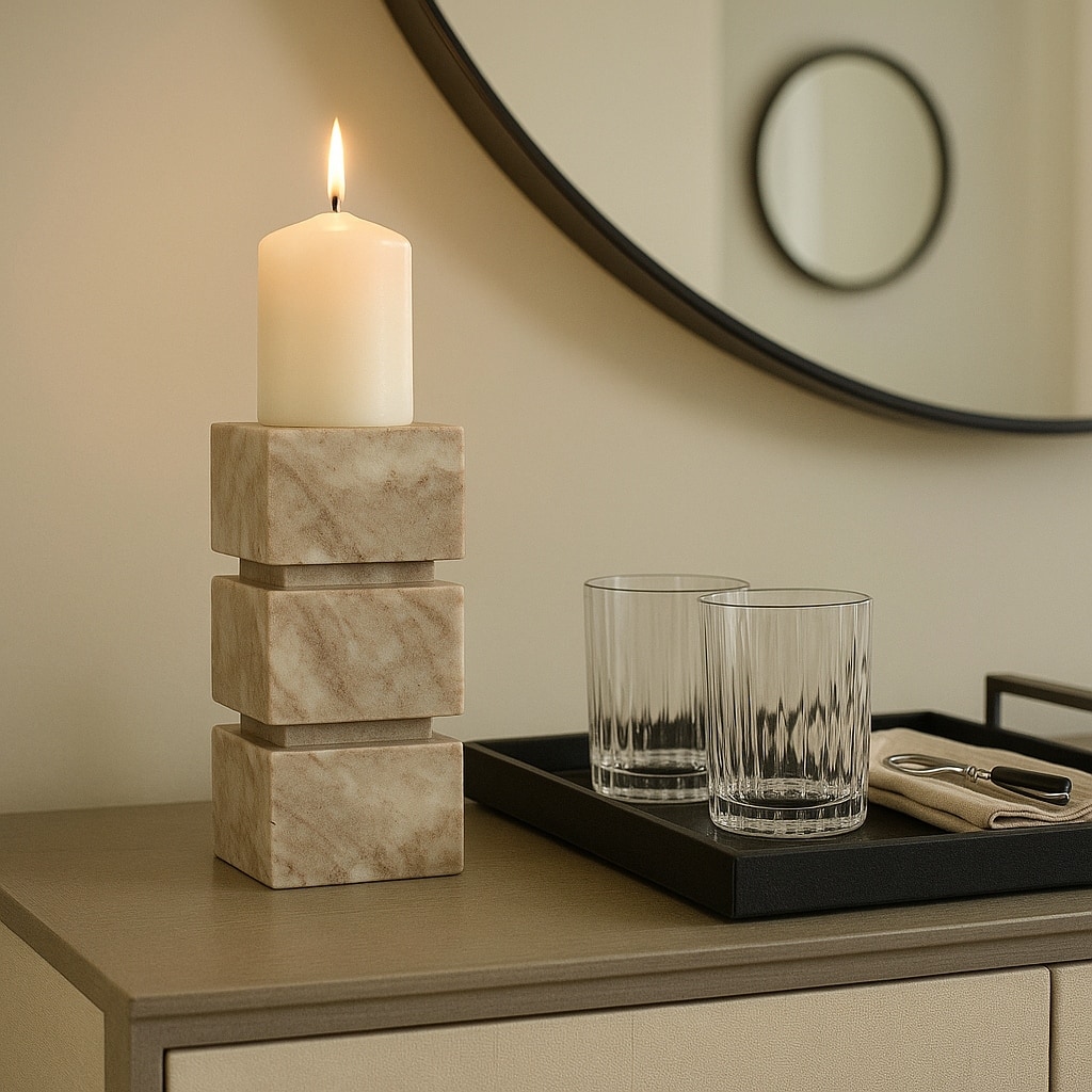 Modern Onyx Marble Stacked Cubes Candle Holder - Ivory & Tan
