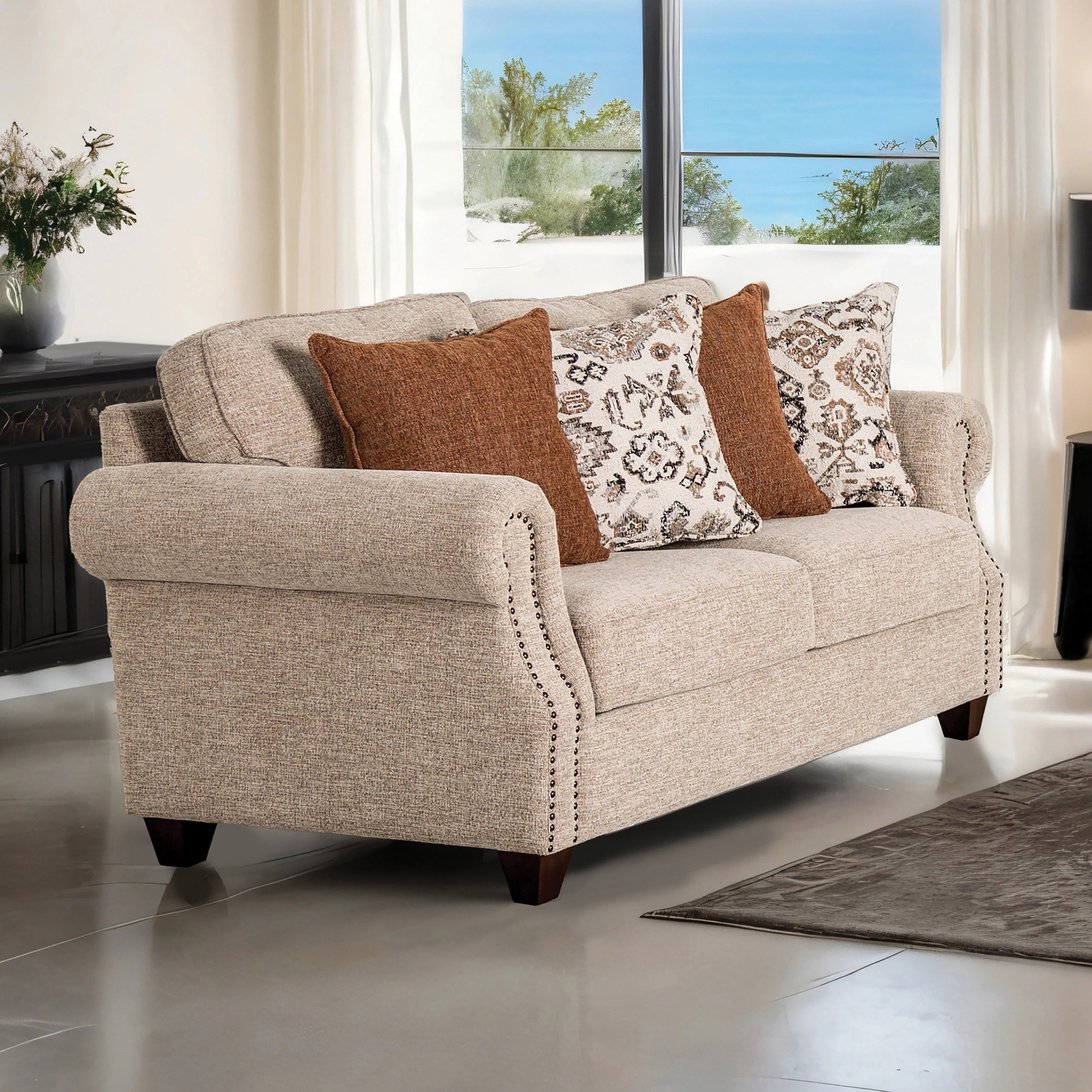 Furniture of America Mootle Taupe Solid Wood Loveseat with Accent Pillows