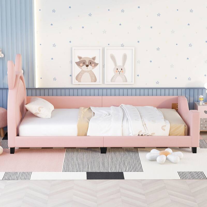 Pink Twin Upholstered Daybed with Carton Ears Headboard, Low-Profile Modern Design