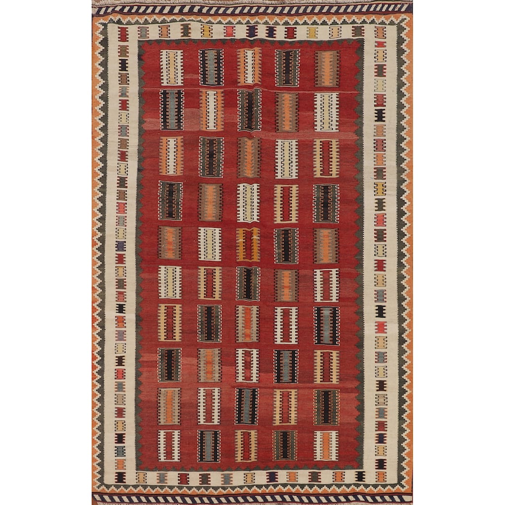 Red Kilim Qashqai Persian Vintage Rug Flatweave Wool Carpet - 5'3"x 8'2"