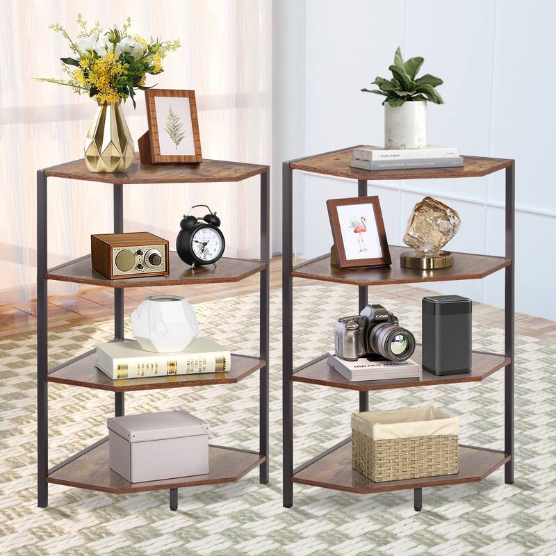 VECELO (Set of 2) 4-Tier Shelves Polygonal Corner Side Table - Brown