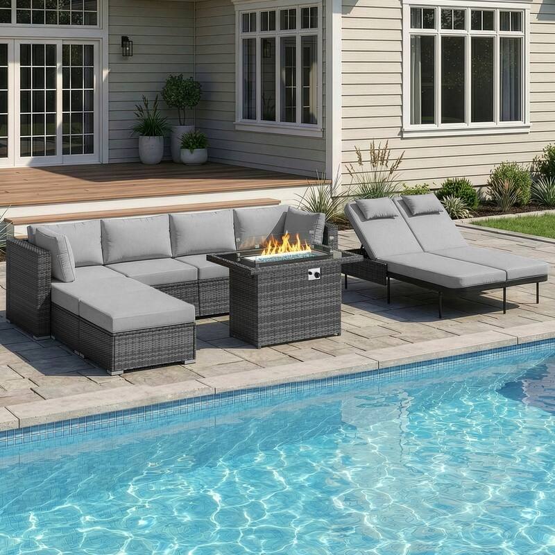 Outdoor Sectional Conversation Set PE Wicker with Double Chaise Lounge, 60,000 BTU Fire Pit Table - 8-Piece/Ottoman - Light Gray