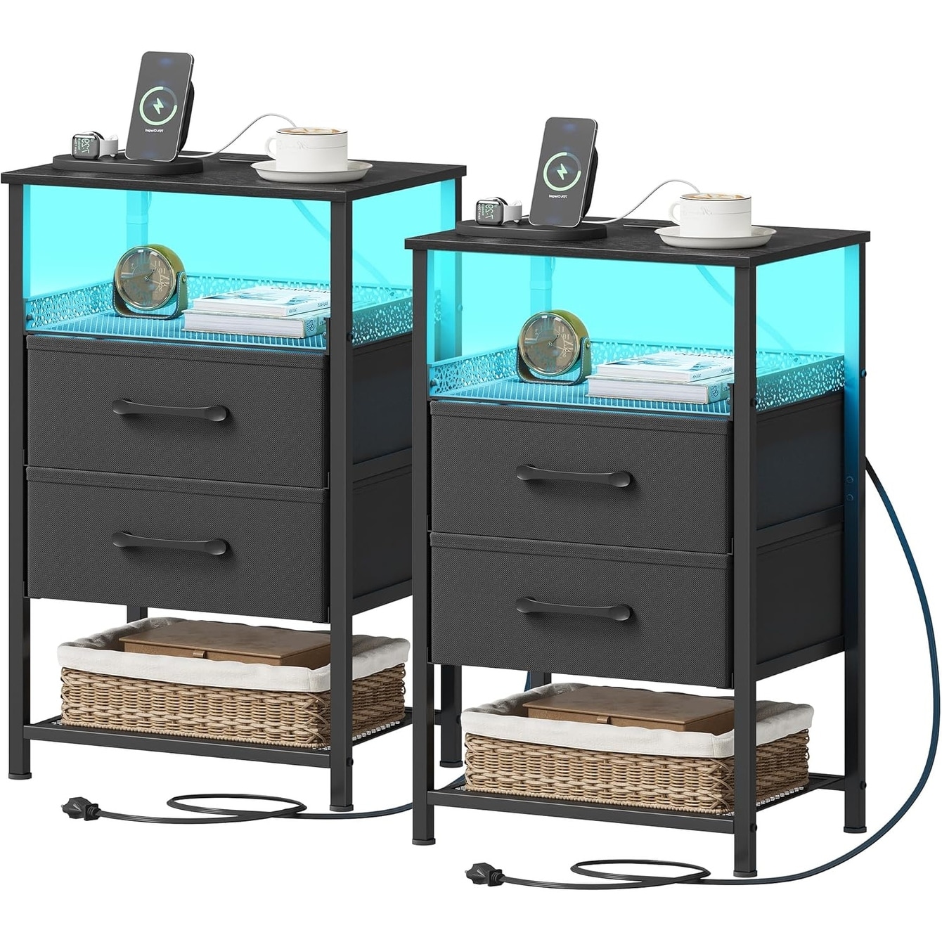 2-Piece Nightstand Set with Charging Station, LED Lights, and Fabric Drawers for Bedroom
