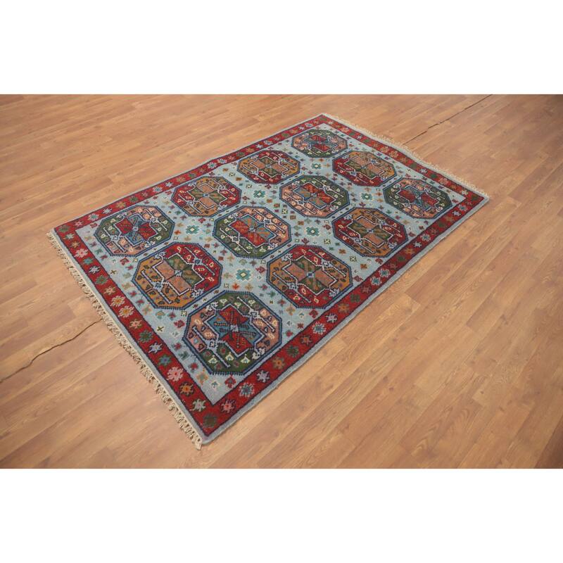 Hand-knotted Traditional Wool Blue Geometric Area Rug Oriental Carpet - 5' 9'' X 3' 10''