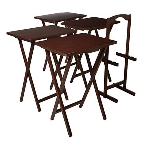 PJ Wood Folding TV Tray Tables with Compact Storage Rack, Espresso, 5 Piece Set - 36.38 - Brown