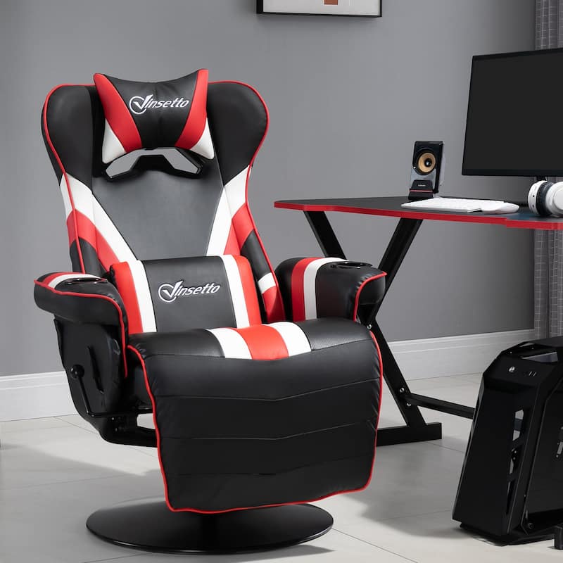 360° Swivel Racing Style Gaming Recliner Chair with Lumbar Support, Footrest and Dual Cup Holders for Game Room - Black+Red