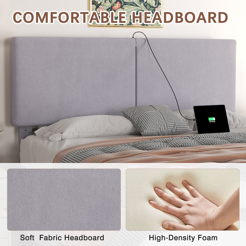 VECELO Adjustable Upholstered Split Headboard Bed Frame with Charging Station USB Port Type C No Box Spring Needed Noiseless Bed