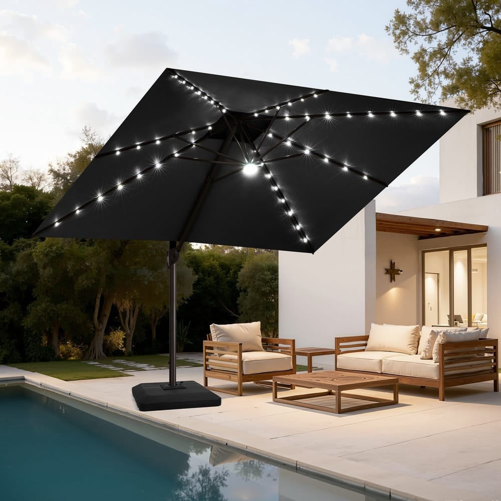 11FT Patio Solar-Powered LED Lights Double Top Cantilever Umbrella with Base