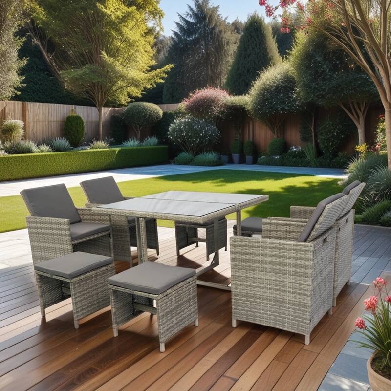 Outdoor 9 Pieces Grey Wicker Dining Sets Allweather Rattan