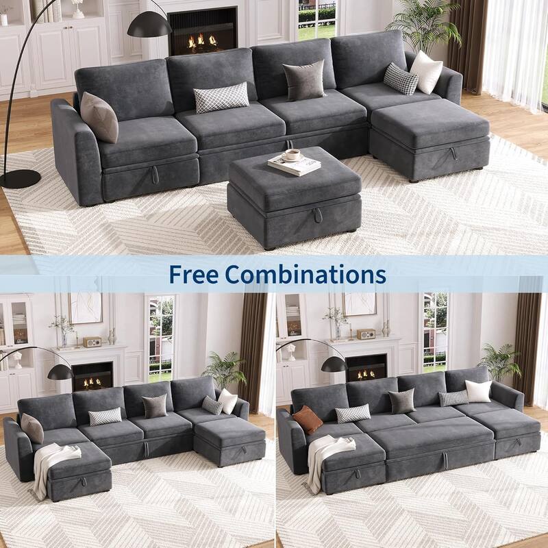 Sectional Sleeper Sofa with Pull Out Bed, Chenille Modular Sectional Couch