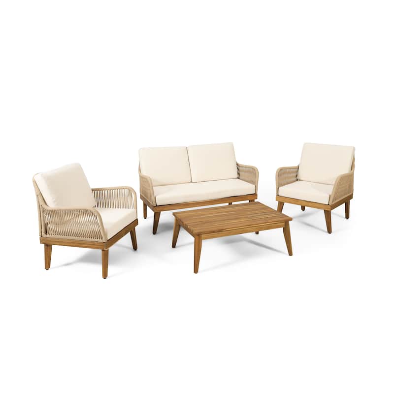 4-Piece Outdoor Acacia Wood Chat Set with Loveseat, 2 Chairs & Table