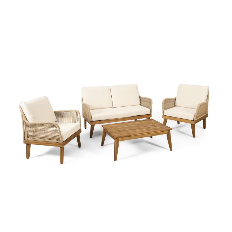 Roomfitters 4 Pcs Outdoor Sofa Set with Loveseat, Coffee Table, Club Chairs, Woven Rattan Frame, Patio Furniture Set, Beige
