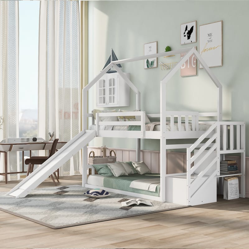 Twin Over Twin House Bunk Bed w/Convertible Slide, Storage Staircase