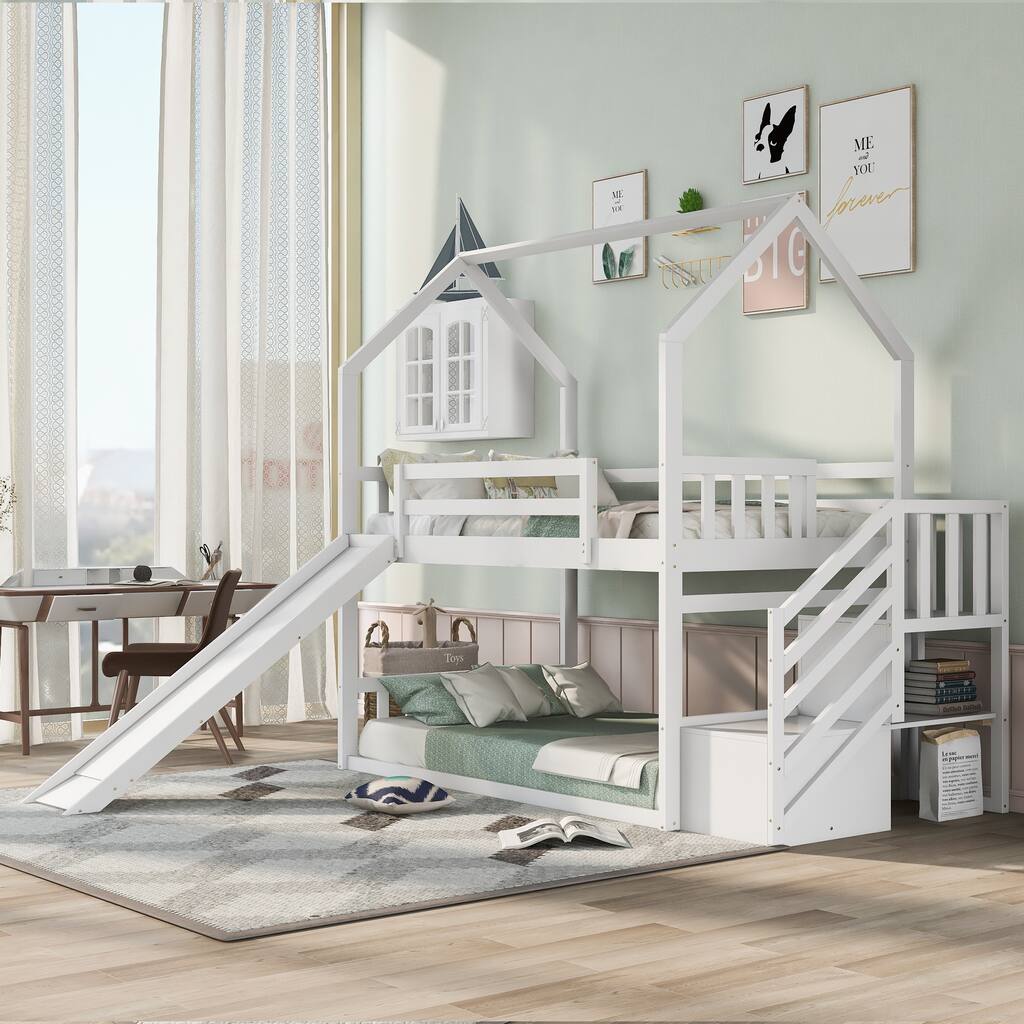 Twin Over Twin House Bunk Bed w/Convertible Slide & Storage Staircase