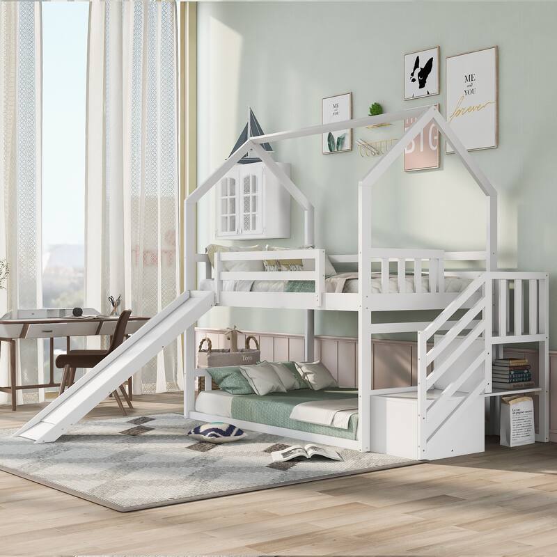 White Twin over Twin Pinewood Bunk Bed with Convertible Slide and Storage Staircase