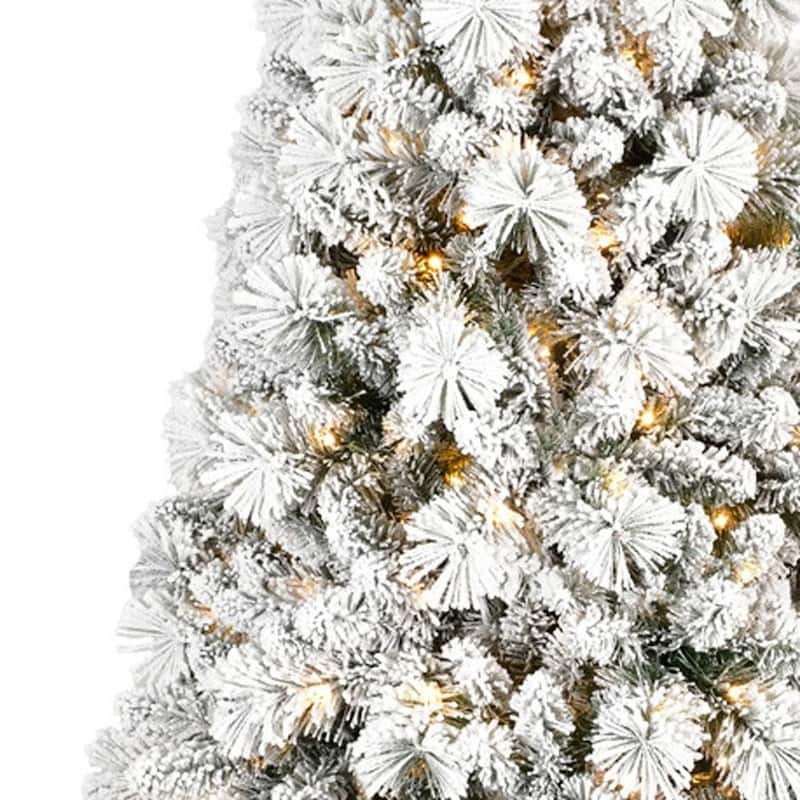 HomeRoots 7.5' White Pre Lit Full Flocked Fir Christmas Tree - 50.00 in. x 90.00 in. x 50.00 in.