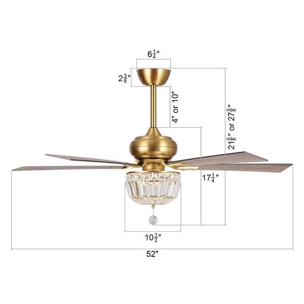 Parrot Uncle 52" Modern Gold Wood 5-Blade Crystal Ceiling Fan with Remote and Light Kit