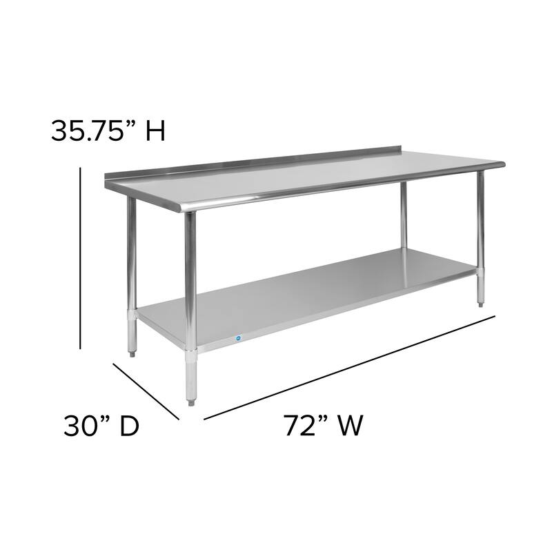 Stainless Steel 18 Gauge Work Table with Backsplash and Shelf, NSF