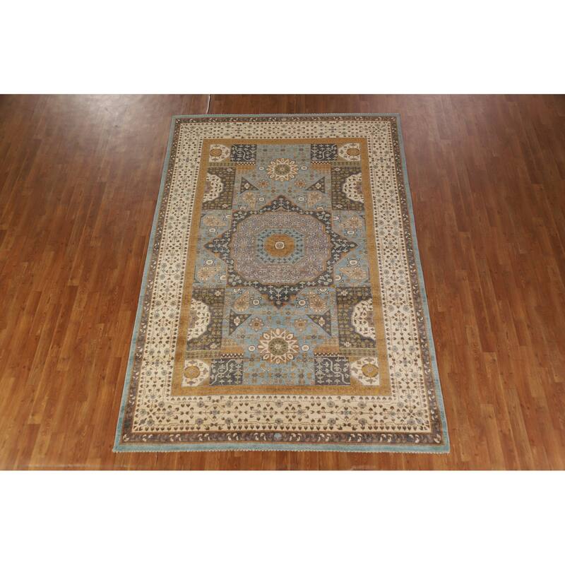 Hand Knotted Oriental 100% Wool Carpet Traditional Geometric Navy Blue & Blues Kazak Area Rug - 9' 9'' X 6' 7''
