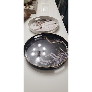 A&B Home Quinn Black and White Marble Design Round Trays (Set of 2)