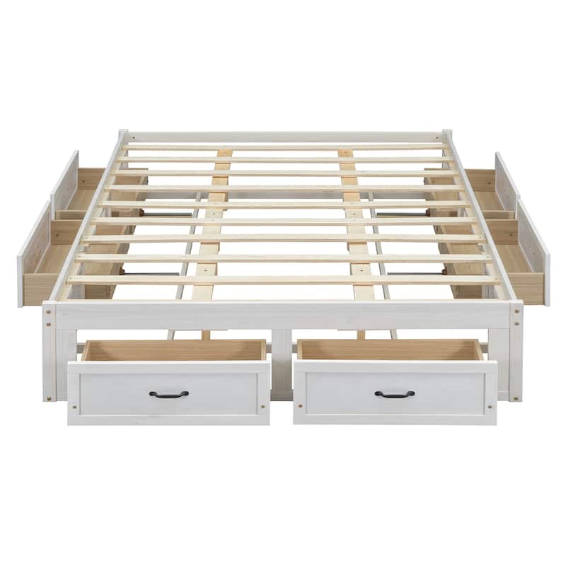 Full/Queen Size Platform Bed without Headboard, Wooden Storage Platform Bed Frame with 6 Drawers, Wood Slats Support