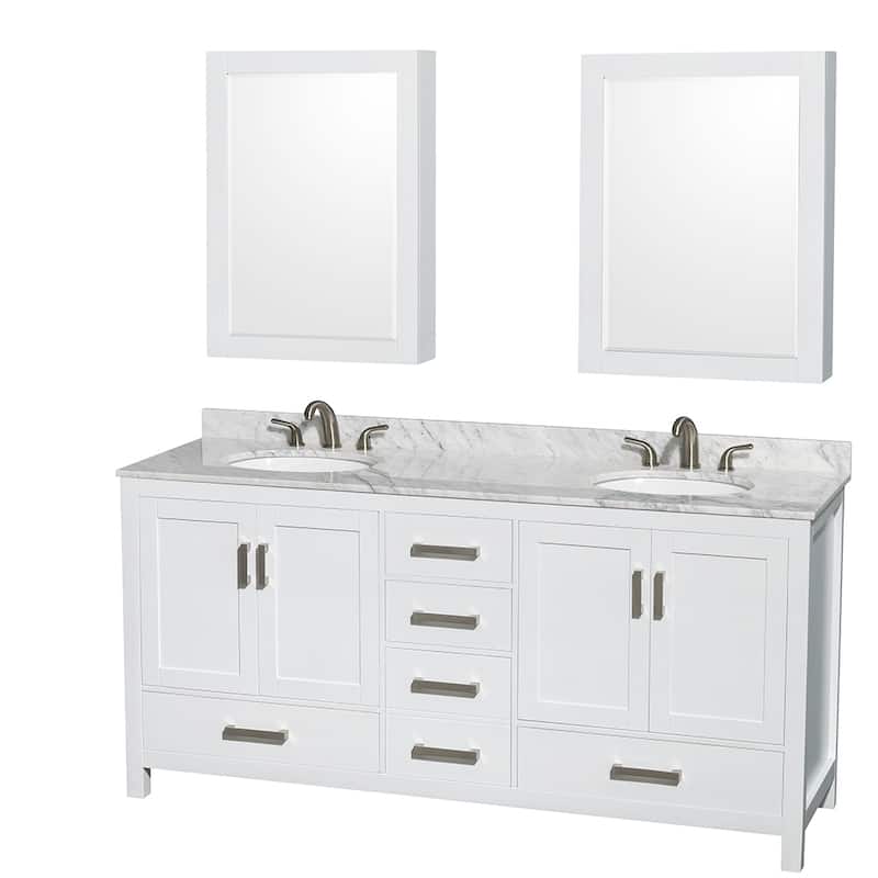 Wyndham Collection Sheffield Double Vanity Set, Medicine Cabinets - 72-Inch Double - White, White Carrara Marble Top, Chrome Trim