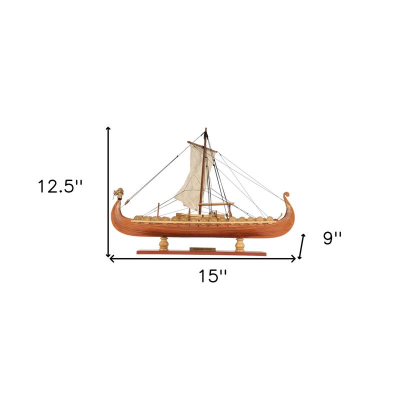 HomeRoots 13" Wood Brown Solid Wood Hand Painted Model Boat Tabletop Sculpture - 15' X '12.5' X '9