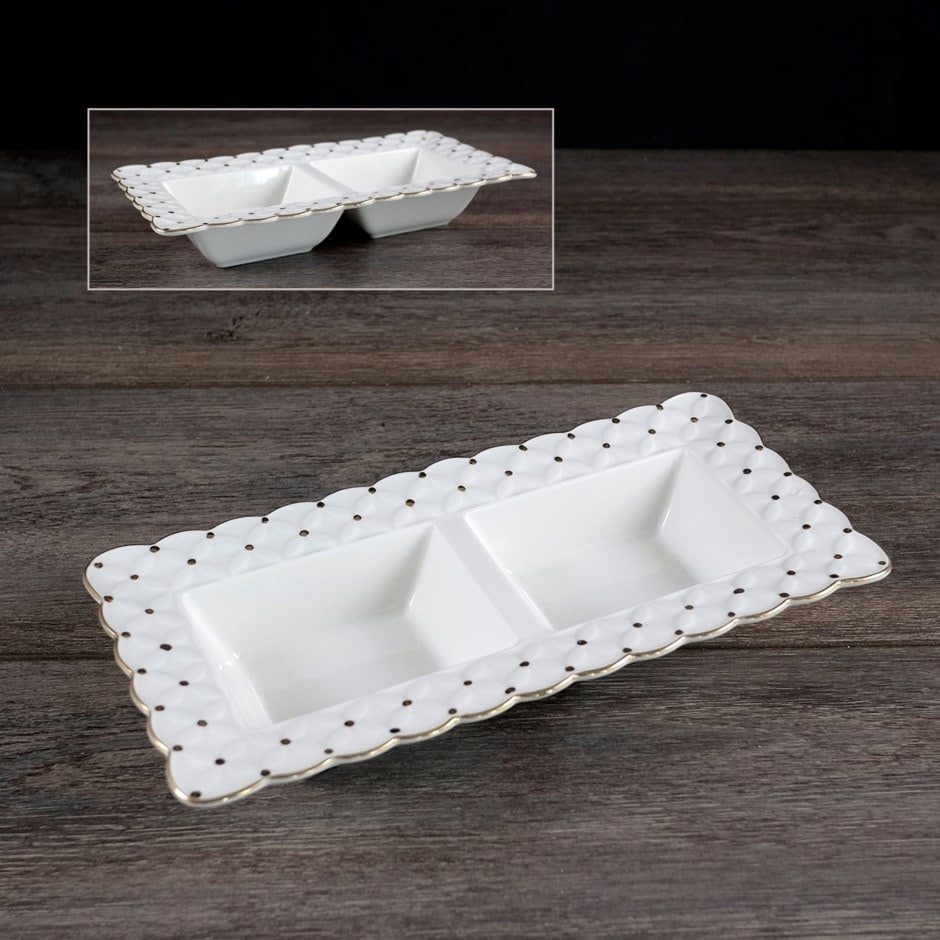 Ceramic Square Double Section Bowls with Dots Trim 9"